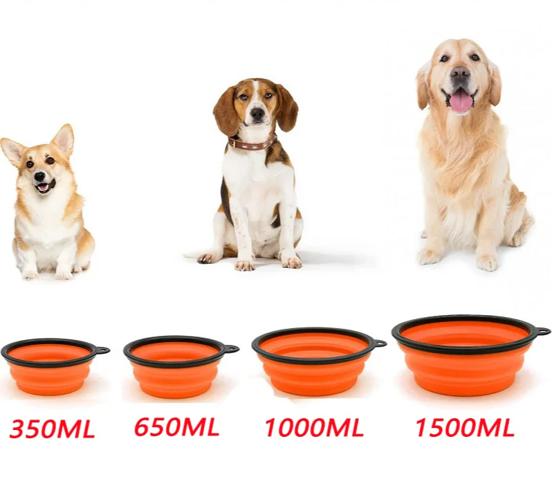 Faltbarer, tragbarer Silikon-Futternapf für Hunde, 2-in-1-Spender für Haustiere, ideal für Reisen mit Hund oder Katze, inklusive Karabinerhaken und Wasserbehälter.