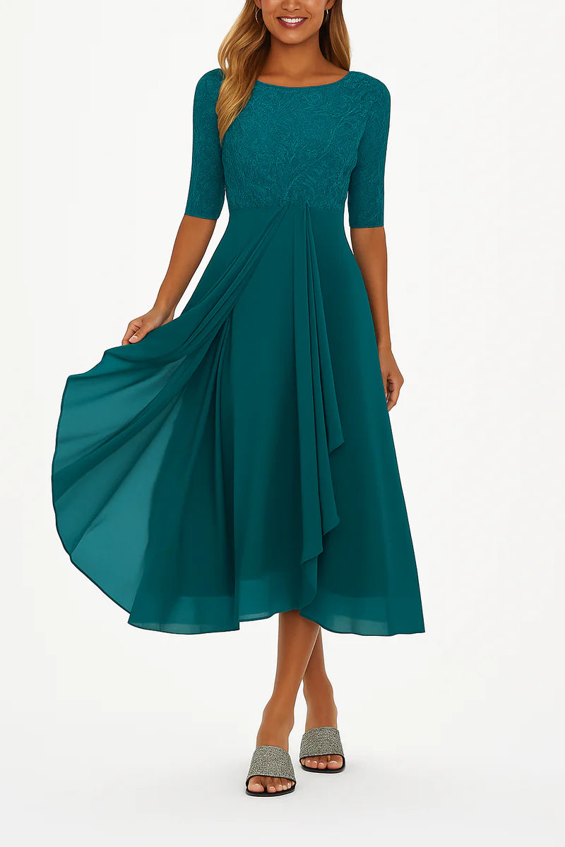Seraphine Damen Spitzen Midikleid | Fließendes Chiffon Abendkleid mit Eleganter Passform