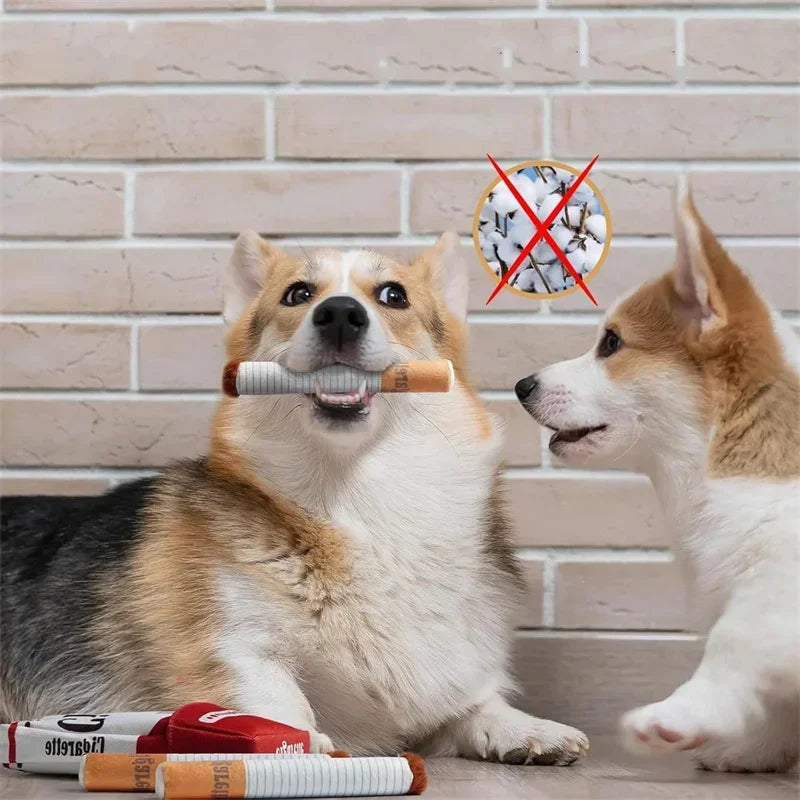 Plüsch-Zigarettenschachtel-Hundespielzeug – mit Quietschgeräusch, 15 cm, weiß/rot