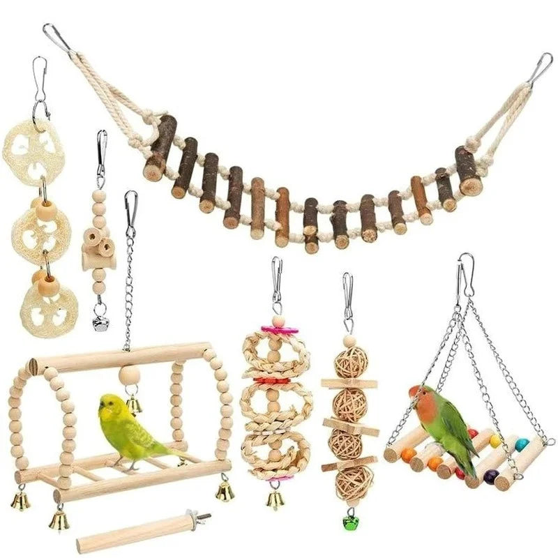 Holz-Papageienspielzeugset – 8-teiliges Trainingsspielzeug, Natur