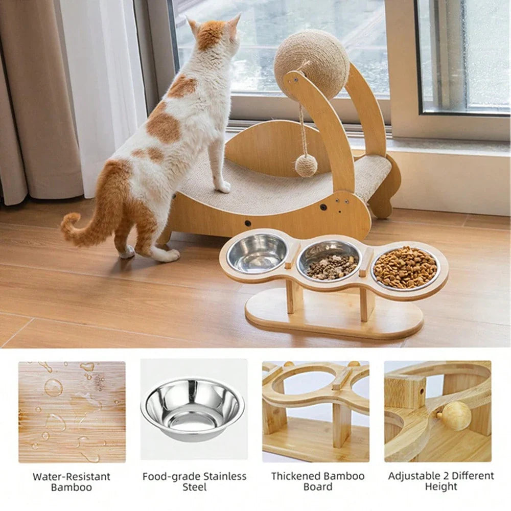Erhöhtes 3-in-1 Katzenfutter-Set – Holzständer mit 3 Edelstahlnäpfen