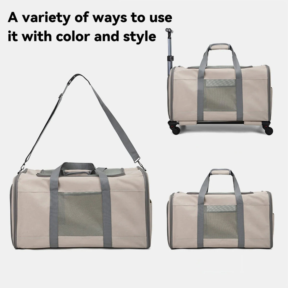 Haustierwagen Oxford Khaki 60x40x35 cm – Transportbox mit Rollen für Katzen oder kleine Hunde