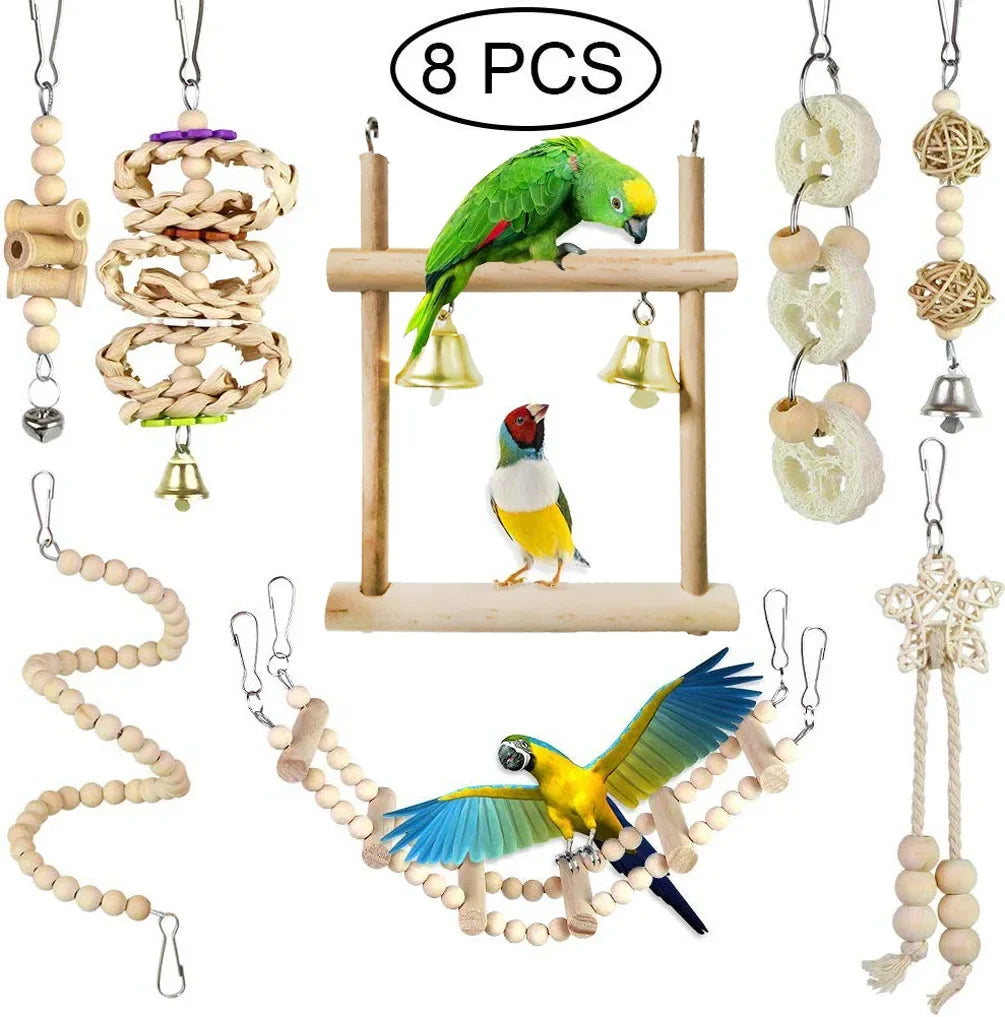 Vogelspielzeug-Hängematten-Set aus Holz, 5/6/7-teilig, für kleine Papageien