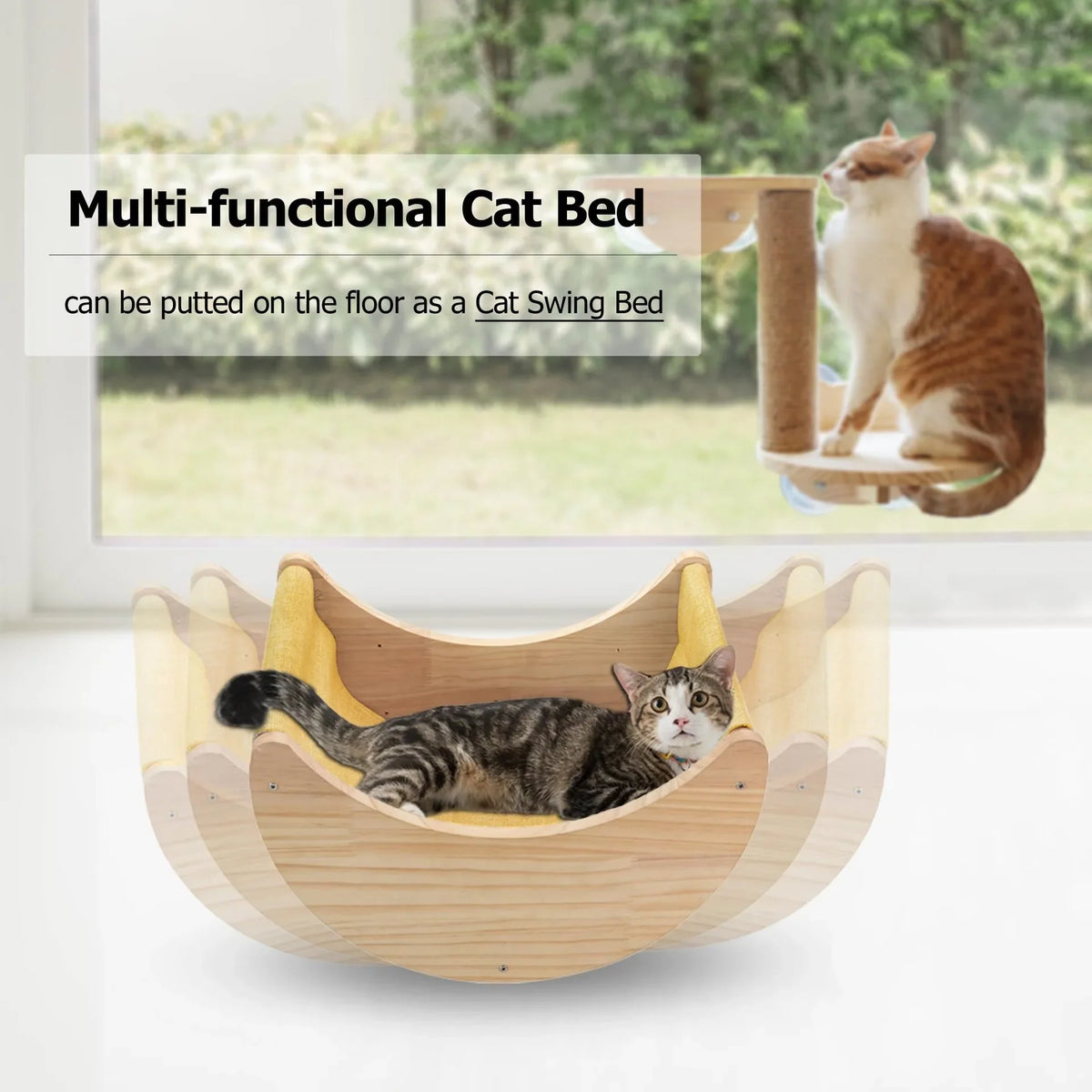 Katzen-Fensterhängematte aus Holz – Saugnapfbefestigung – 38 x 31,5 cm – bis zu 10 kg