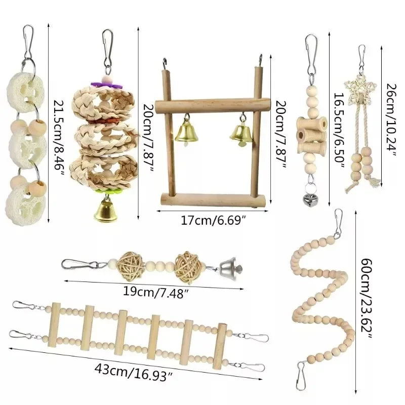 Vogelspielzeug-Hängematten-Set aus Holz, 5/6/7-teilig, für kleine Papageien