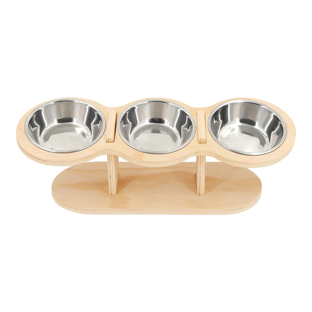 Erhöhtes 3-in-1 Katzenfutter-Set – Holzständer mit 3 Edelstahlnäpfen