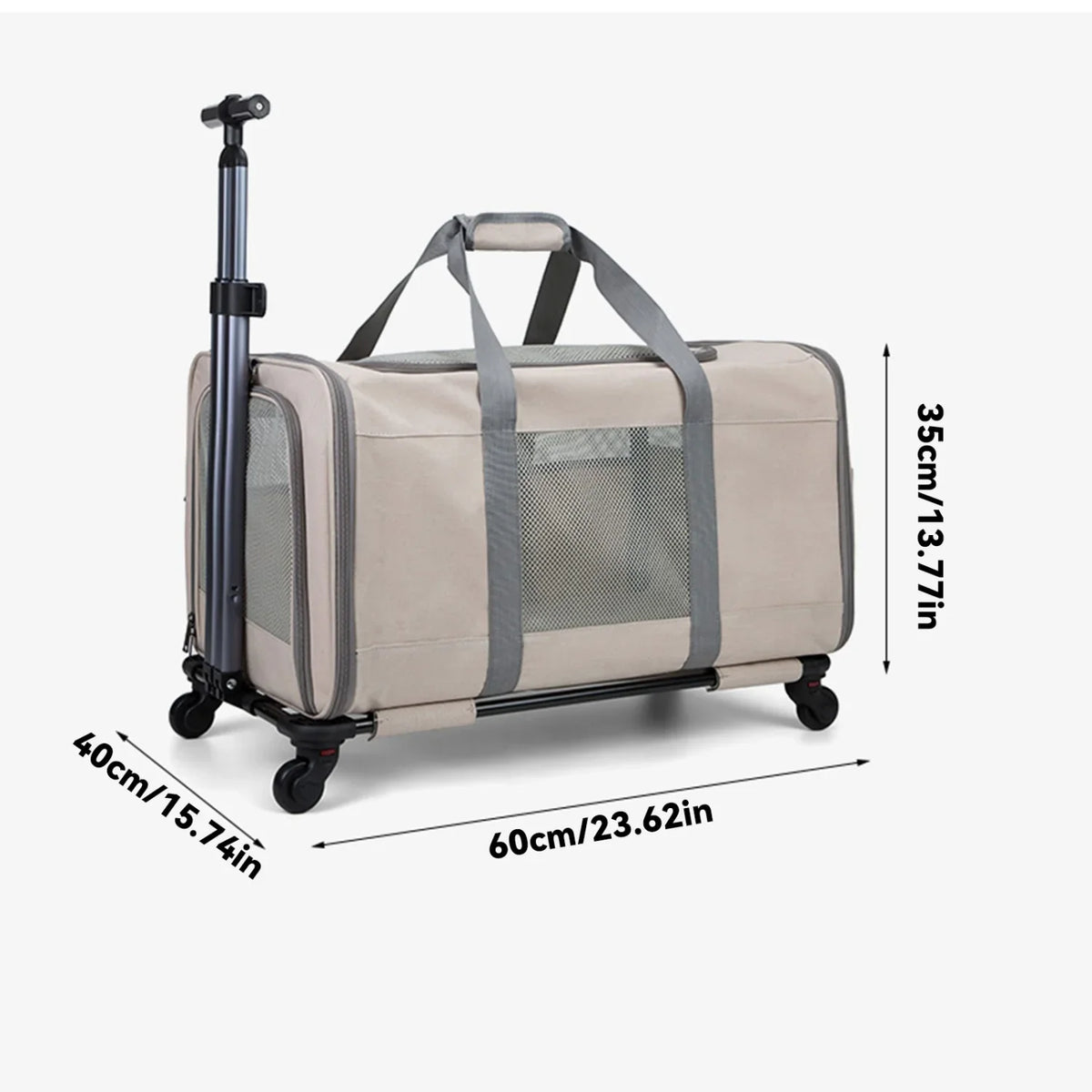 Haustierwagen Oxford Khaki 60x40x35 cm – Transportbox mit Rollen für Katzen oder kleine Hunde