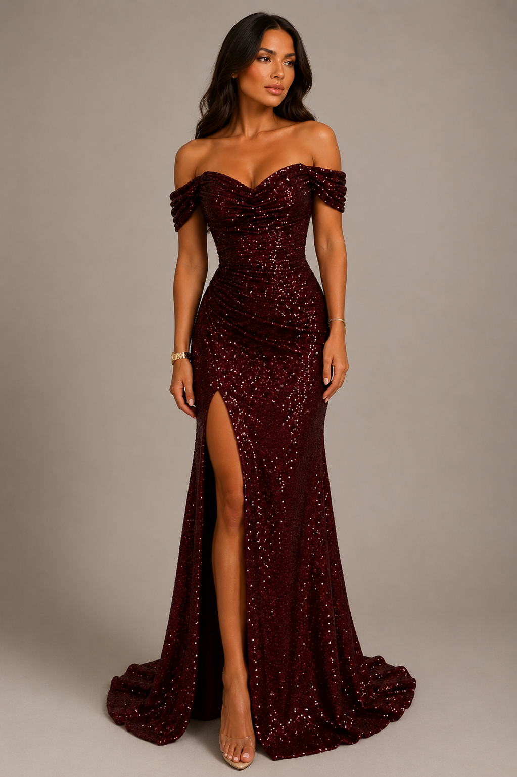 Veloura Damen Pailletten Maxikleid mit Beinschlitz | Elegantes Ärmelloses Abendkleid