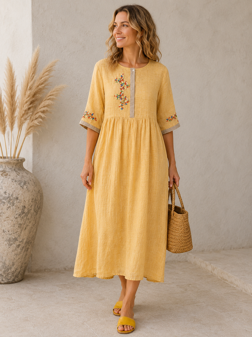Avelisse Damen Besticktes Baumwoll-Leinen Kleid | Atmungsaktives Freizeit Midikleid