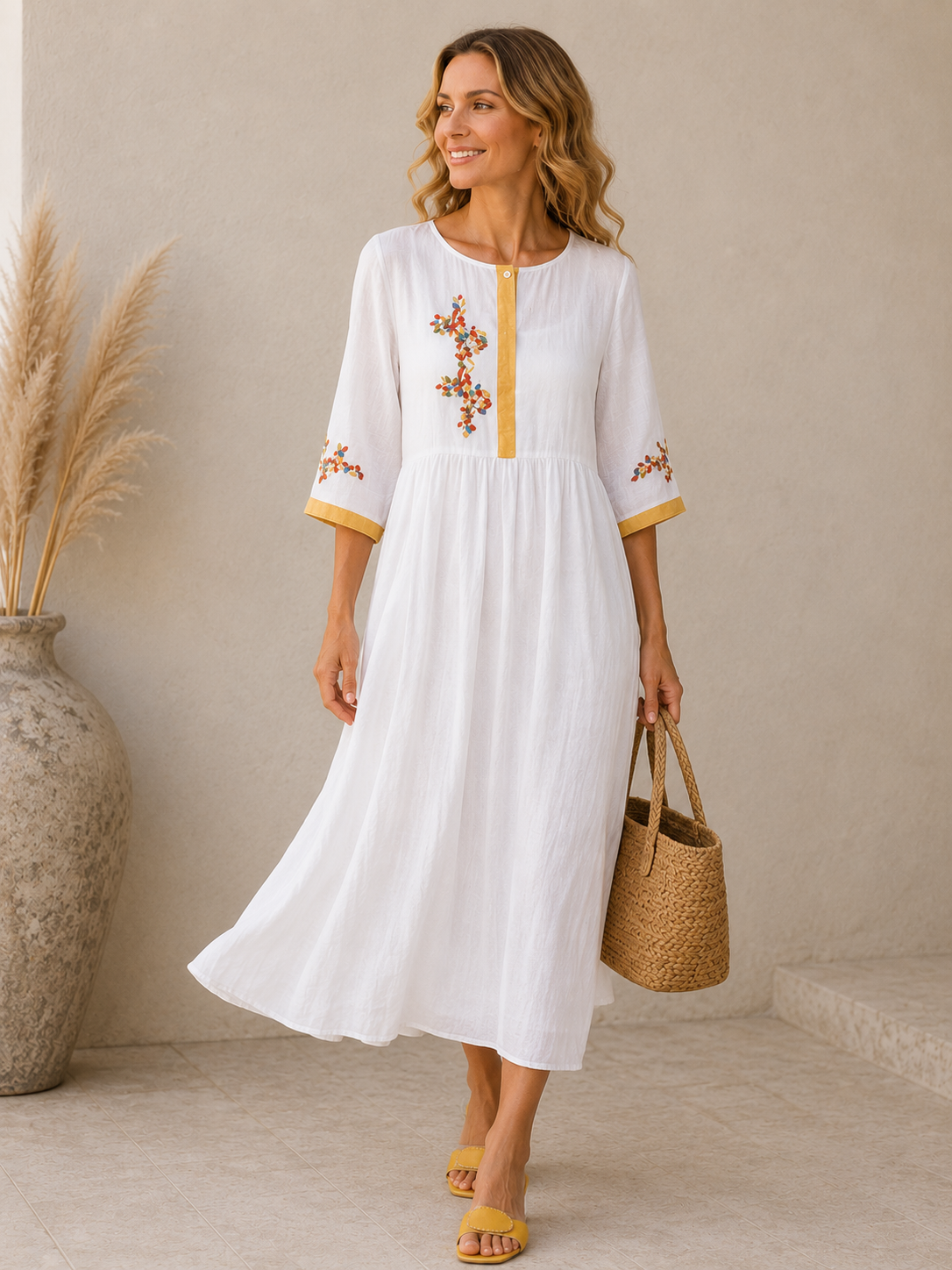 Avelisse Damen Besticktes Baumwoll-Leinen Kleid | Atmungsaktives Freizeit Midikleid