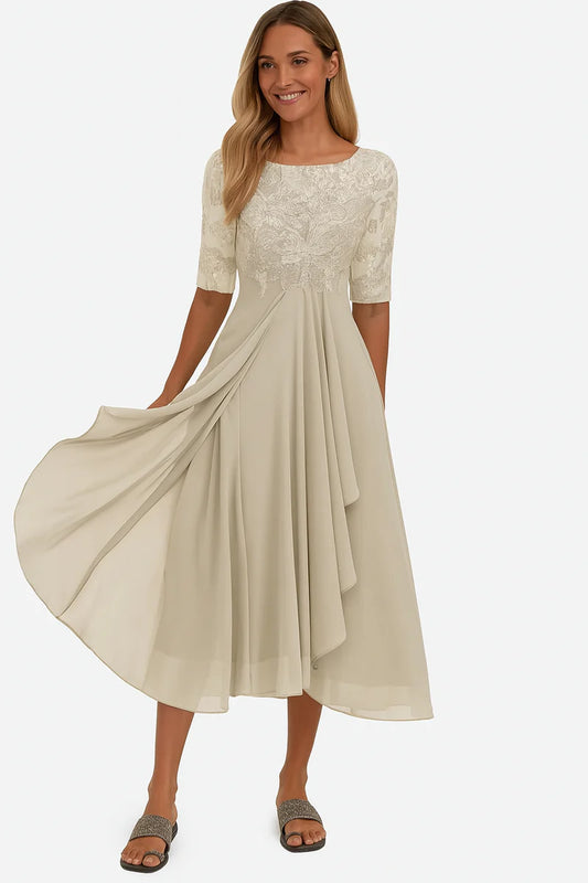 Seraphine Damen Spitzen Midikleid | Fließendes Chiffon Abendkleid mit Eleganter Passform