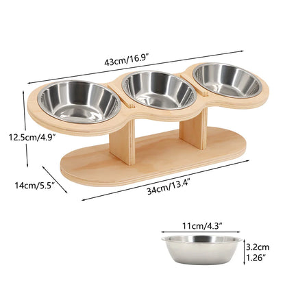 Erhöhtes 3-in-1 Katzenfutter-Set – Holzständer mit 3 Edelstahlnäpfen