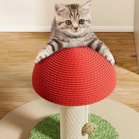 Katzenkratzbaum aus Sisal – Rotes Pilzdesign, Holz und Seil