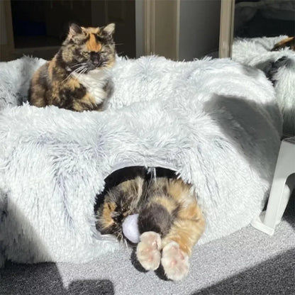 Donut-Katzenbett mit Tunnel – Weicher Plüsch, Ø95 cm – Grau in Beige