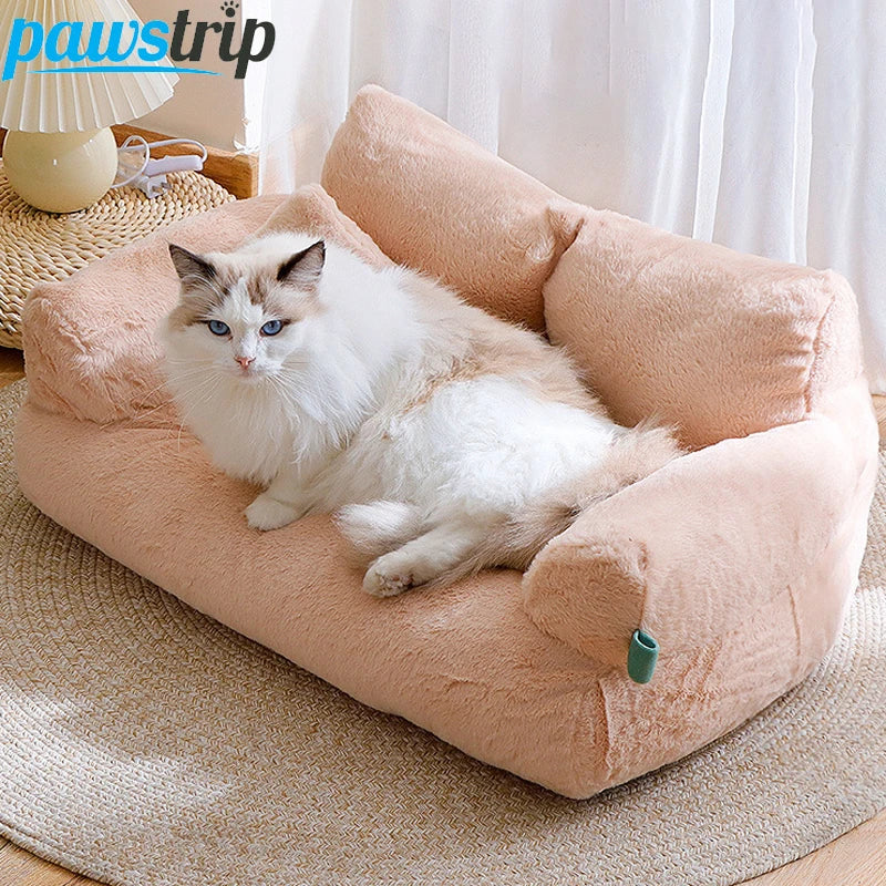 Plüschige Katzenbank mit Rückenlehne – Beige/Khaki/Rosa/Gelb