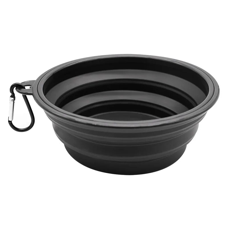 Faltbarer, tragbarer Silikon-Futternapf für Hunde, 2-in-1-Spender für Haustiere, ideal für Reisen mit Hund oder Katze, inklusive Karabinerhaken und Wasserbehälter.