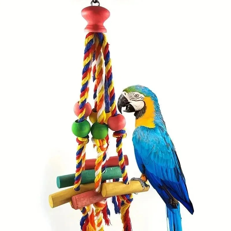 Kauspielzeug für Papageien aus Baumwolle, Holz und Perlen – farbenfroh, 9 x 30 cm