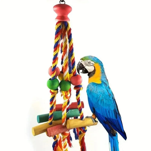 Kauspielzeug für Papageien aus Baumwolle, Holz und Perlen – farbenfroh, 9 x 30 cm