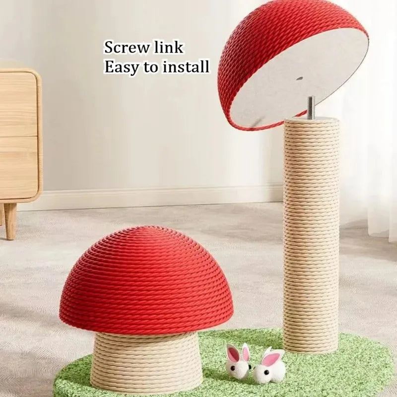 Katzenkratzbaum aus Sisal – Rotes Pilzdesign, Holz und Seil