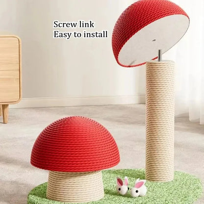Katzenkratzbaum aus Sisal – Rotes Pilzdesign, Holz und Seil
