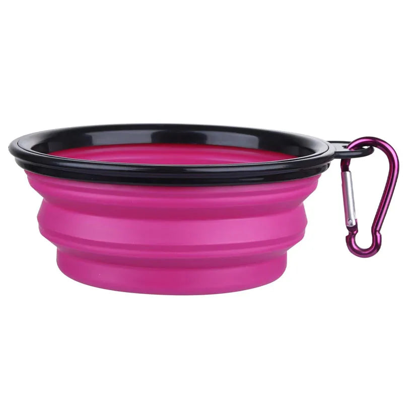 Faltbarer, tragbarer Silikon-Futternapf für Hunde, 2-in-1-Spender für Haustiere, ideal für Reisen mit Hund oder Katze, inklusive Karabinerhaken und Wasserbehälter.