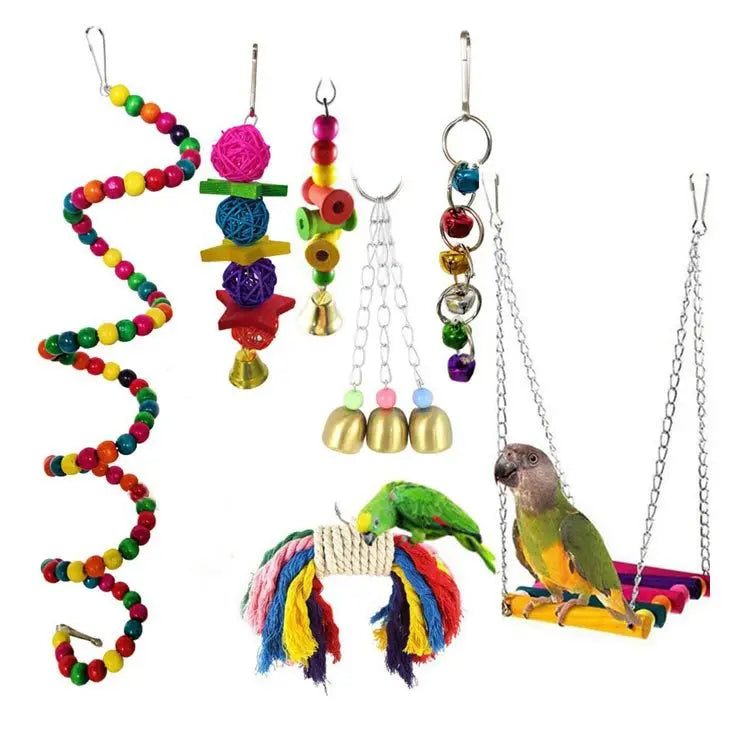 Vogelspielzeug-Hängematten-Set aus Holz, 5/6/7-teilig, für kleine Papageien