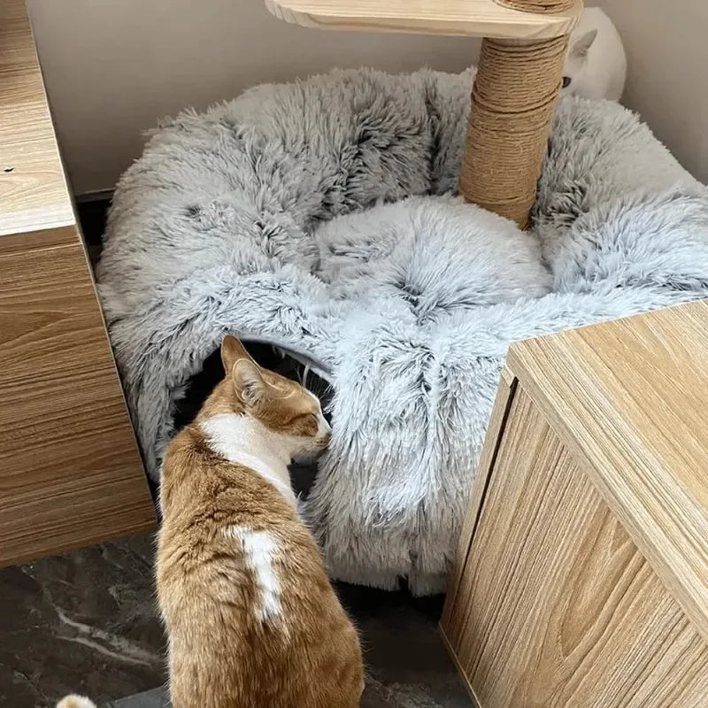 Donut-Katzenbett mit Tunnel – Weicher Plüsch, Ø95 cm – Grau in Beige
