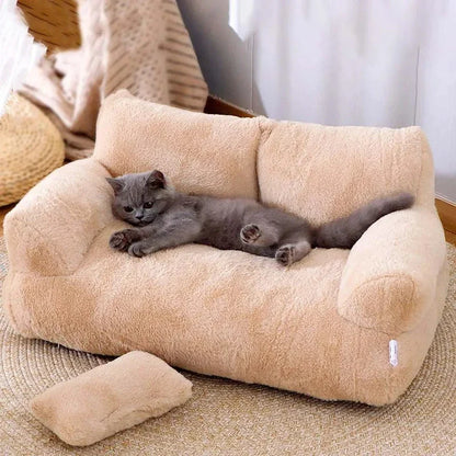Plüschige Katzenbank mit Rückenlehne – Beige/Khaki/Rosa/Gelb