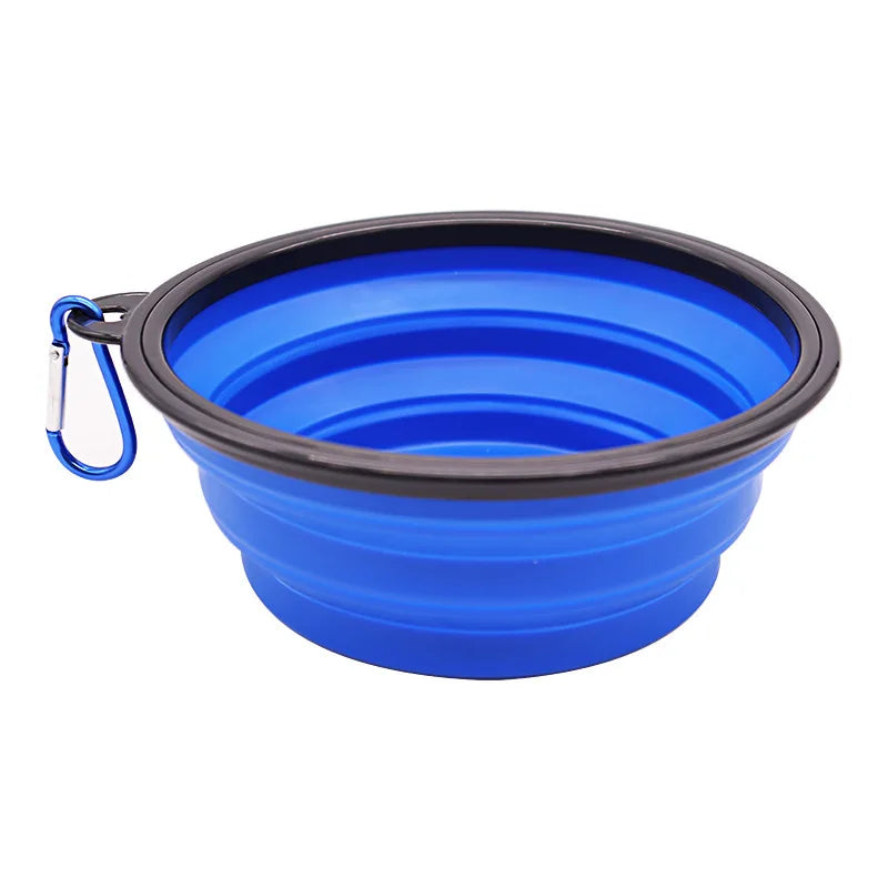 Faltbarer, tragbarer Silikon-Futternapf für Hunde, 2-in-1-Spender für Haustiere, ideal für Reisen mit Hund oder Katze, inklusive Karabinerhaken und Wasserbehälter.