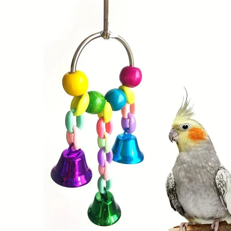 Vogelkäfigspielzeug mit Glöckchen – Holzperlen und Stahl, zum Aufhängen
