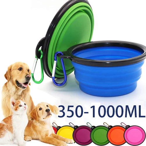 Faltbarer, tragbarer Silikon-Futternapf für Hunde, 2-in-1-Spender für Haustiere, ideal für Reisen mit Hund oder Katze, inklusive Karabinerhaken und Wasserbehälter.