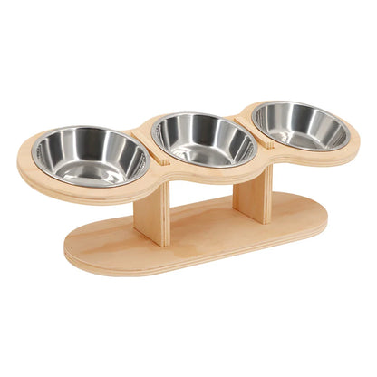 Erhöhtes 3-in-1 Katzenfutter-Set – Holzständer mit 3 Edelstahlnäpfen