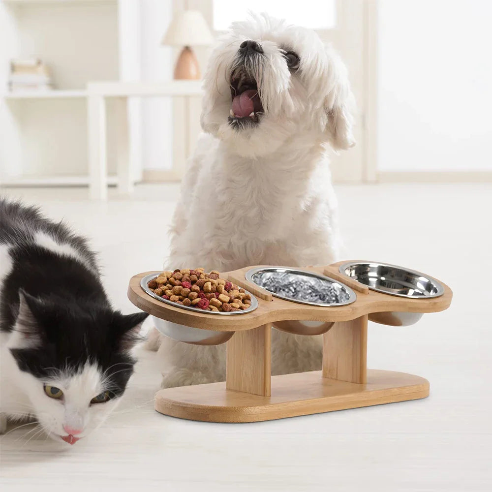 Erhöhtes 3-in-1 Katzenfutter-Set – Holzständer mit 3 Edelstahlnäpfen