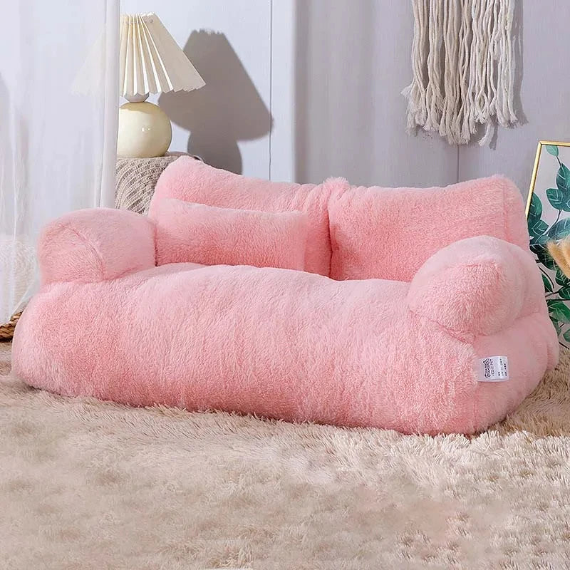 Plüschige Katzenbank mit Rückenlehne – Beige/Khaki/Rosa/Gelb