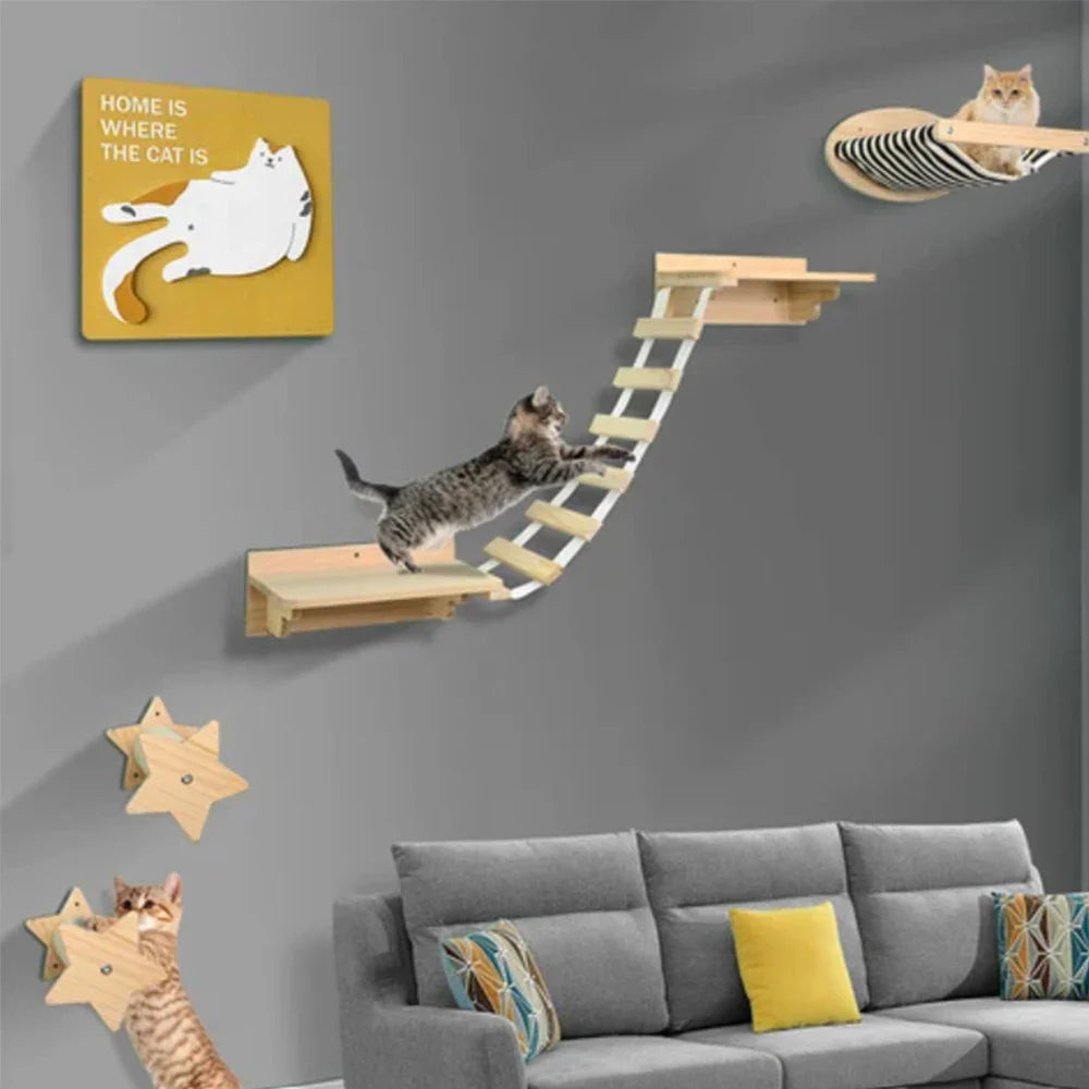 Wandmontiertes Katzenklettergerüst aus Holz – mit Kratzbereich und Nest