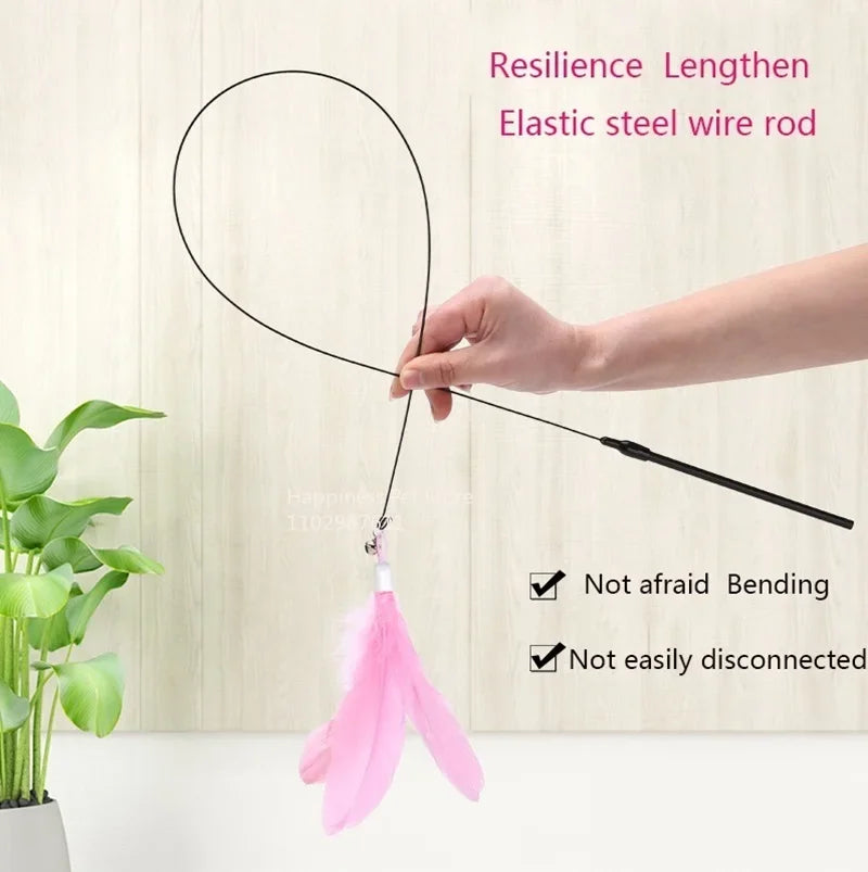 Katzenspielzeug mit Federn und Glöckchen – 80 cm langer Spielzeugstab mit Saugnapf