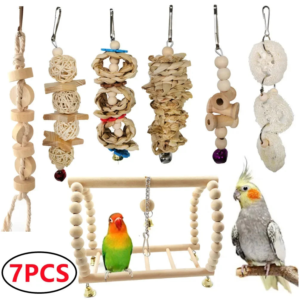 Vogelspielzeug-Hängematten-Set aus Holz, 5/6/7-teilig, für kleine Papageien