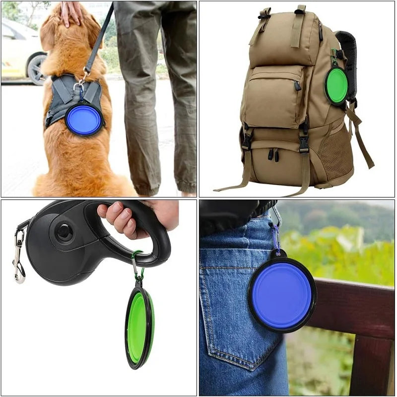 Faltbarer, tragbarer Silikon-Futternapf für Hunde, 2-in-1-Spender für Haustiere, ideal für Reisen mit Hund oder Katze, inklusive Karabinerhaken und Wasserbehälter.