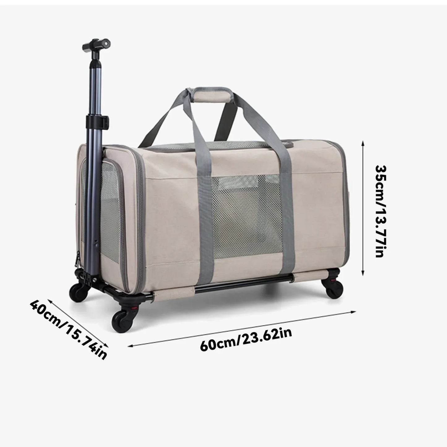 Haustierwagen Oxford Khaki 60x40x35 cm – Transportbox mit Rollen für Katzen oder kleine Hunde