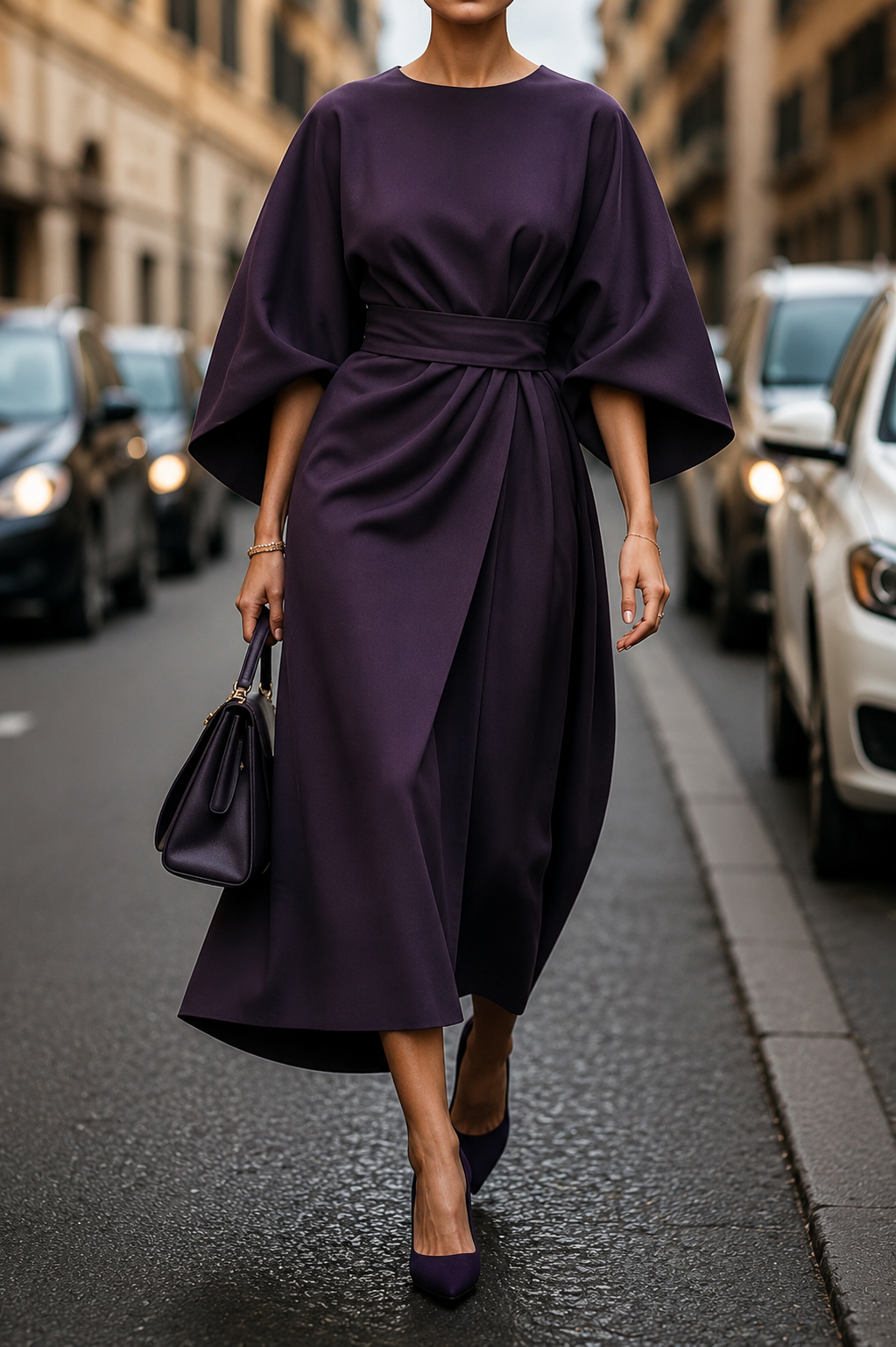 Bellevienne Damen Elegantes Midikleid mit Puffärmeln | Taillierte Leichte Sommerkleid