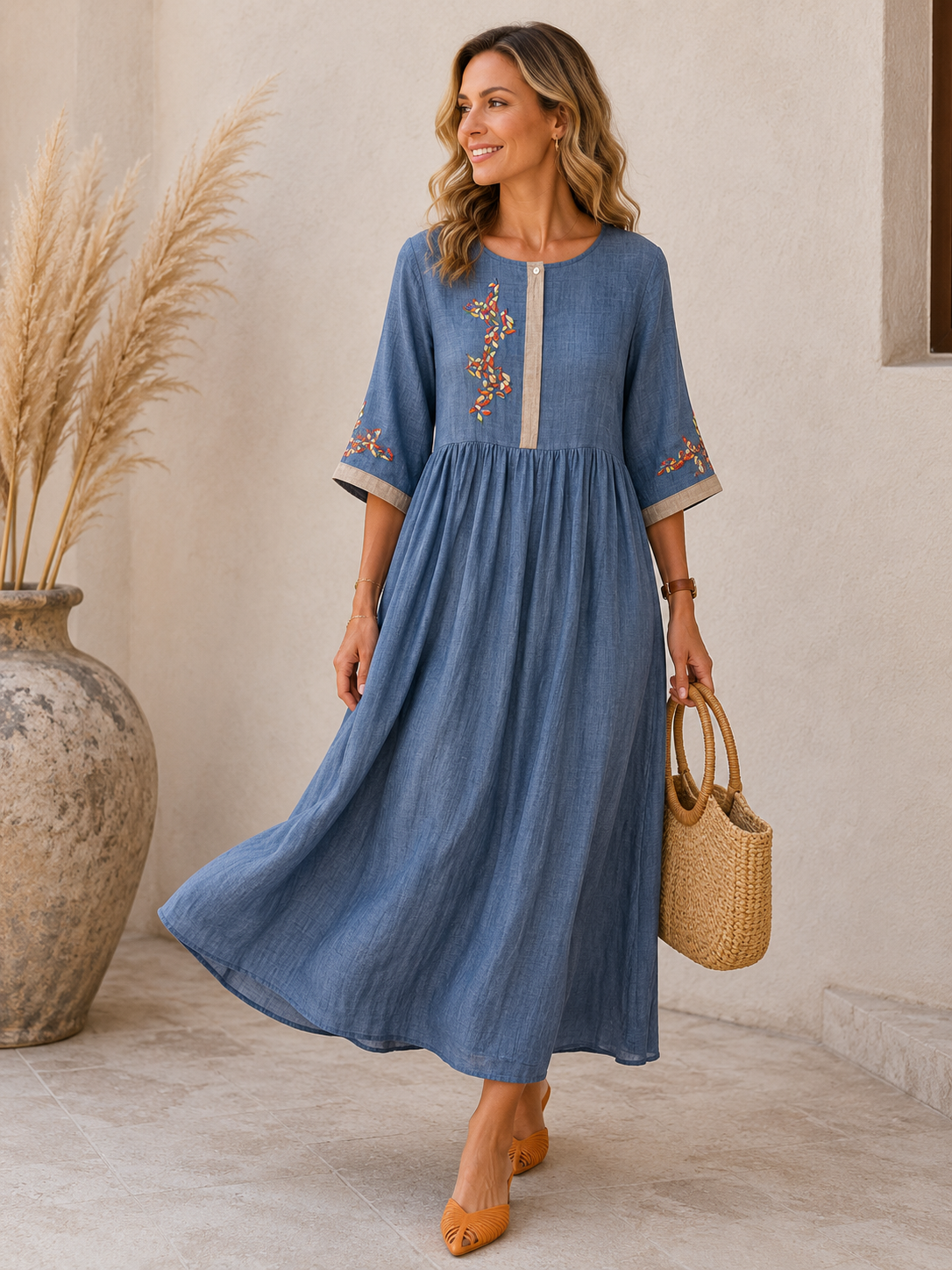 Avelisse Damen Besticktes Baumwoll-Leinen Kleid | Atmungsaktives Freizeit Midikleid
