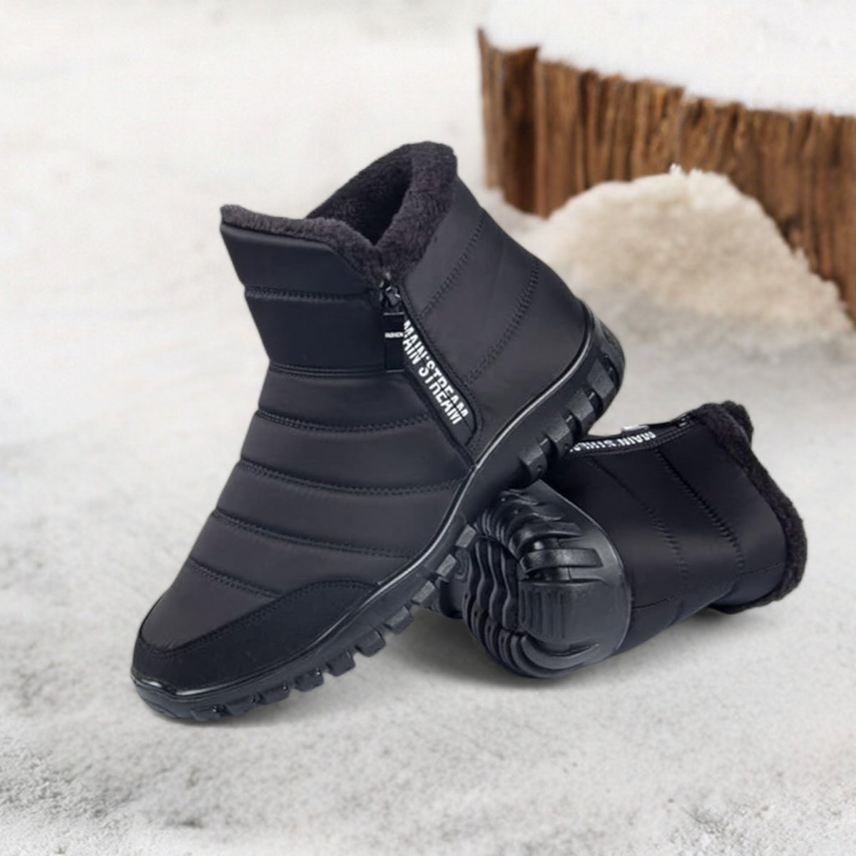 Wasserabweisendes Obermaterial der Boreas Winterstiefel im Schnee