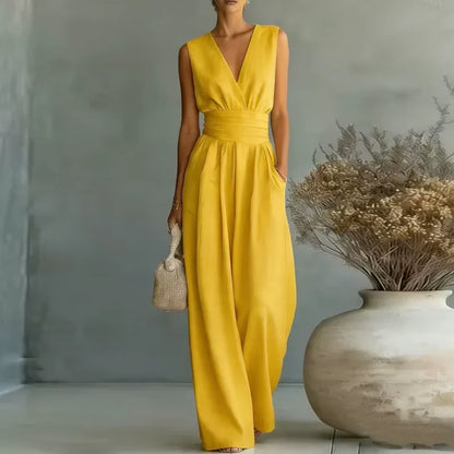 Aurelia Damen Jumpsuit mit Taillengürtel | Eleganter Ärmelloser Overall mit Weitem Bein