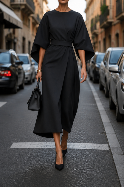Bellevienne Damen Elegantes Midikleid mit Puffärmeln | Taillierte Leichte Sommerkleid
