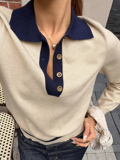 Lena Damen Colorblock Strick-Polotop in Khaki mit Polokragen, Slim Fit
