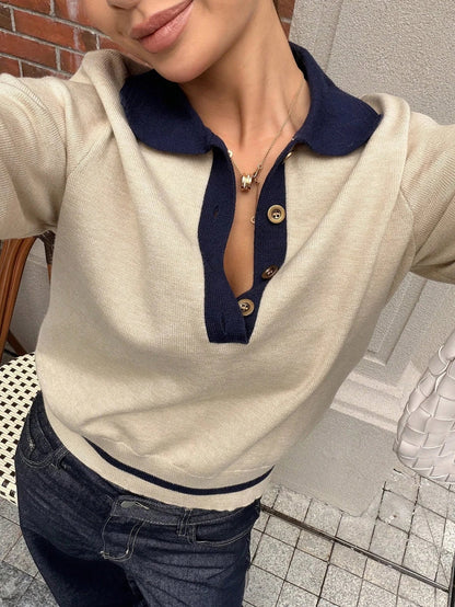 Strick-Polotop mit langen Ärmeln und Rippenbündchen in Khaki