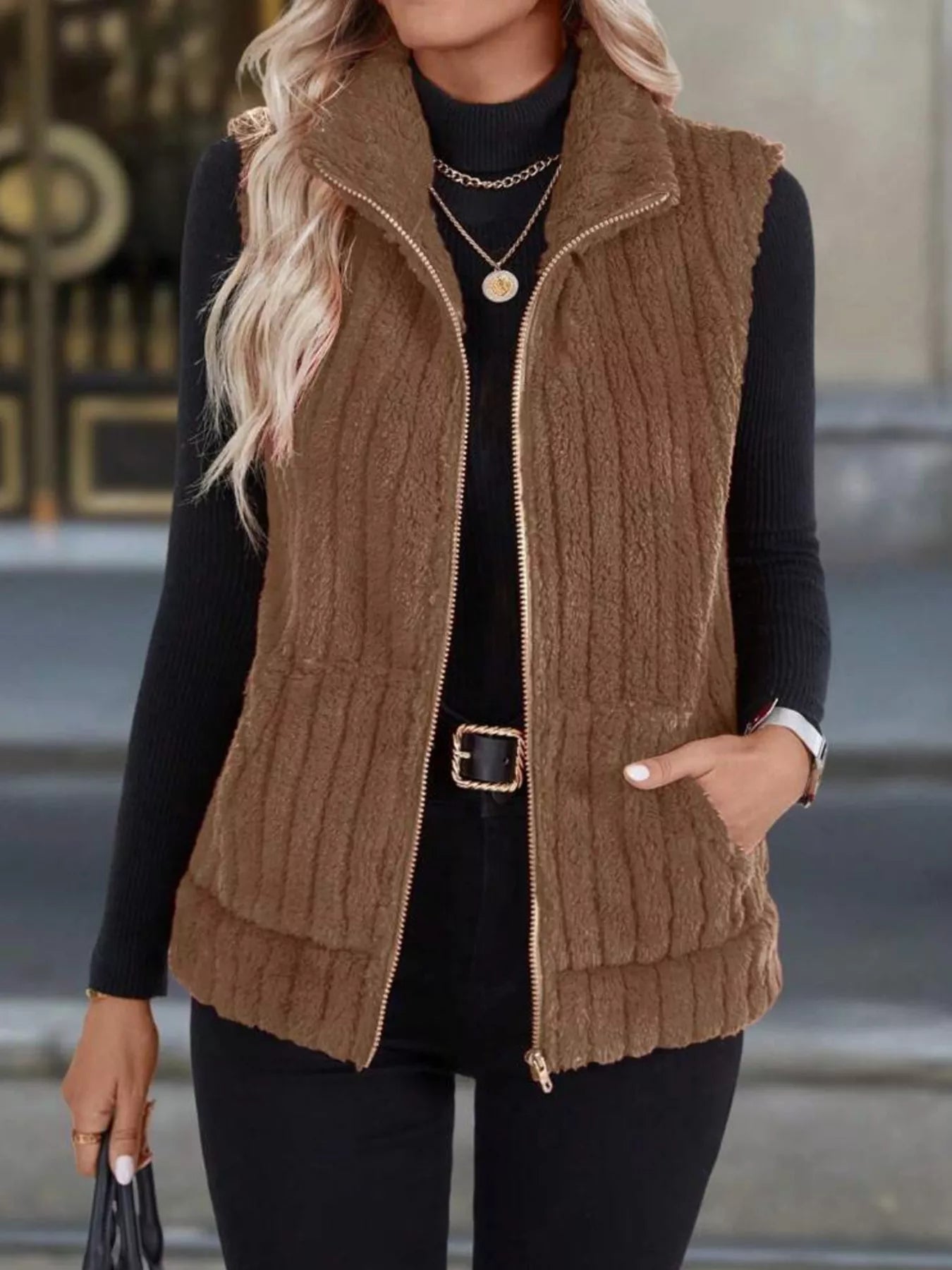 Damen Fleeceweste in Lila mit Taschen und Reißverschluss