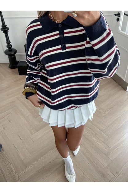 Dalla Damen Casual-Strickpullover mit Polokragen und Streifenmuster