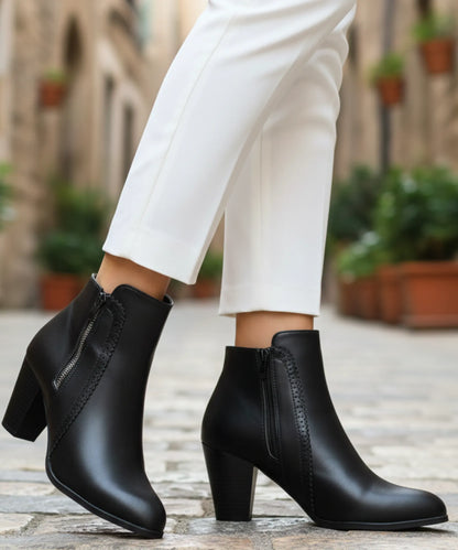 Damen Stiefeletten aus veganem Leder mit Blockabsatz und seitlichem Reißverschluss in Schwarz