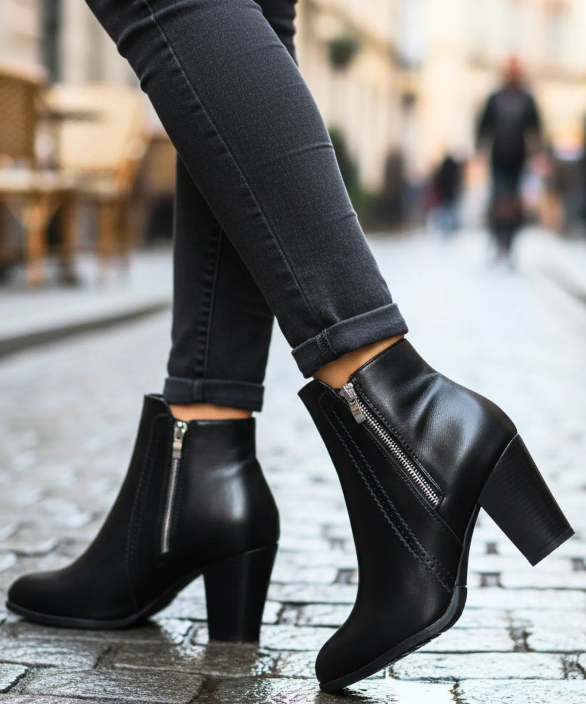 Matte vegane Leder-Stiefeletten mit Gummisohle in Schwarz – Sohlenansicht